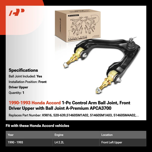 1990-1993 Honda Accord 1-Pc Control Arm Ball Joint, Front Driver Upper with Ball Joint A-Premium APCA3700