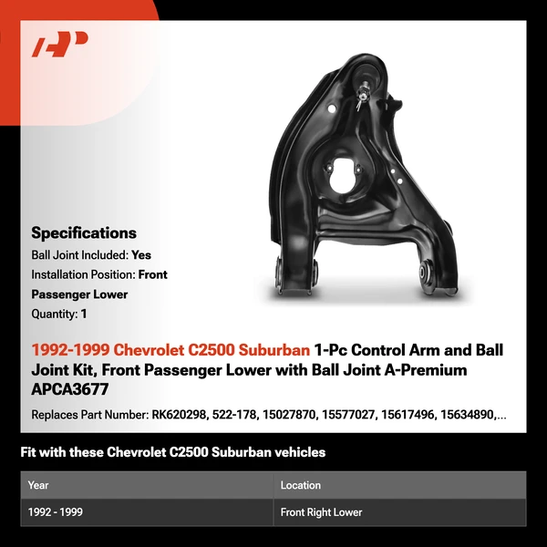 1992-1999 Chevrolet C2500 Suburban 1-Pc Control Arm and Ball Joint Kit, Front Passenger Lower with Ball Joint A-Premium APCA3677