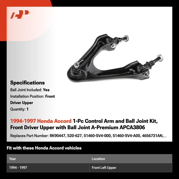 1994-1997 Honda Accord 1-Pc Control Arm and Ball Joint Kit, Front Driver Upper with Ball Joint A-Premium APCA3806