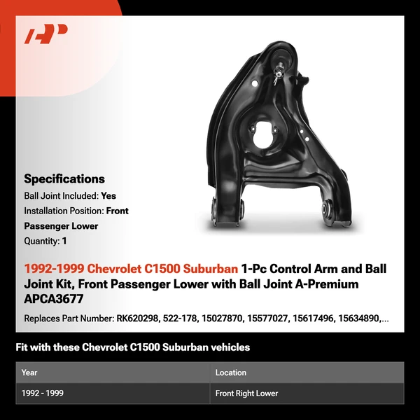 1992-1999 Chevrolet C1500 Suburban 1-Pc Control Arm and Ball Joint Kit, Front Passenger Lower with Ball Joint A-Premium APCA3677