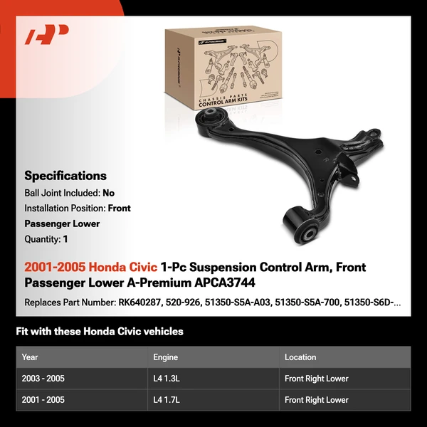 2001-2005 Honda Civic 1-Pc Suspension Control Arm, Front Passenger Lower A-Premium APCA3744