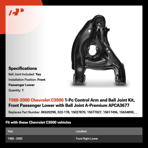 1988-2000 Chevrolet C3500 1-Pc Control Arm and Ball Joint Kit, Front Passenger Lower with Ball Joint A-Premium APCA3677