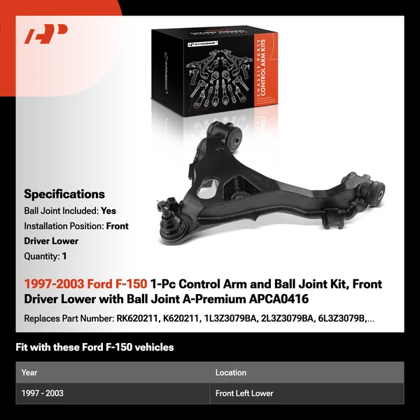1997-2003 Ford F-150 1-Pc Control Arm and Ball Joint Kit, Front Driver Lower with Ball Joint A-Premium APCA0416