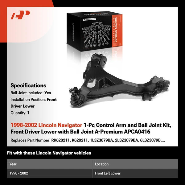 1998-2002 Lincoln Navigator 1-Pc Control Arm and Ball Joint Kit, Front Driver Lower with Ball Joint A-Premium APCA0416