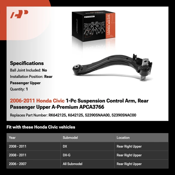 2006-2011 Honda Civic 1-Pc Suspension Control Arm, Rear Passenger Upper A-Premium APCA3766
