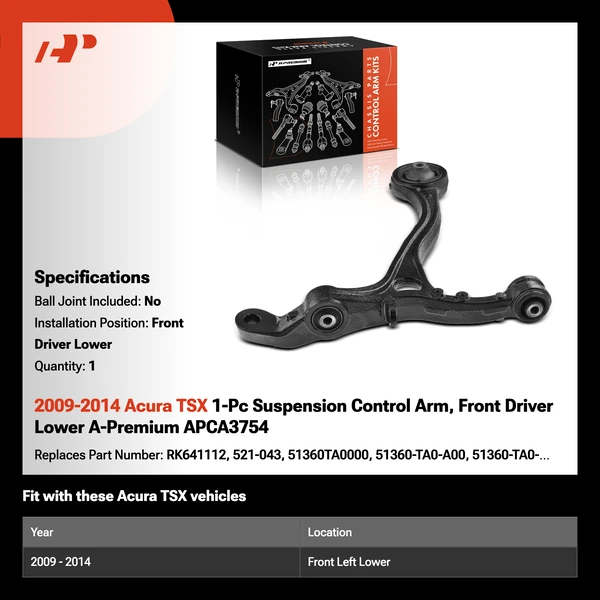 2009-2014 Acura TSX 1-Pc Suspension Control Arm, Front Driver Lower A-Premium APCA3754
