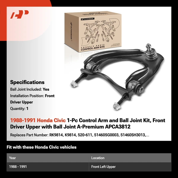1988-1991 Honda Civic 1-Pc Control Arm and Ball Joint Kit, Front Driver Upper with Ball Joint A-Premium APCA3812