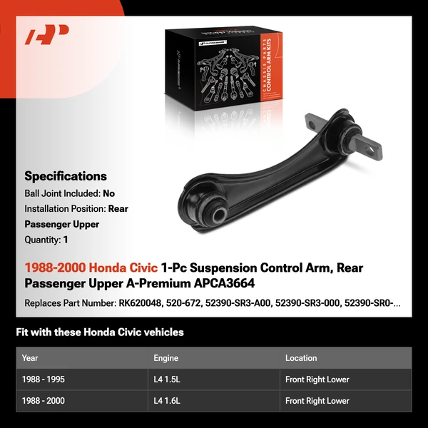 1988-2000 Honda Civic 1-Pc Suspension Control Arm, Rear Passenger Upper A-Premium APCA3664