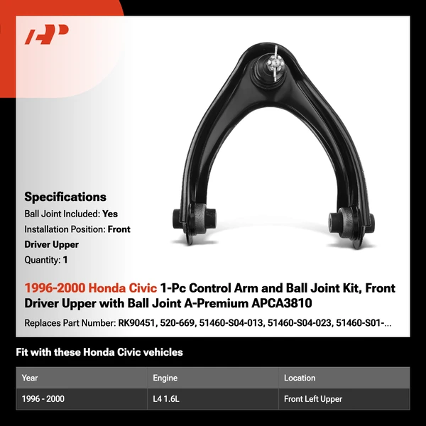 1996-2000 Honda Civic 1-Pc Control Arm and Ball Joint Kit, Front Driver Upper with Ball Joint A-Premium APCA3810