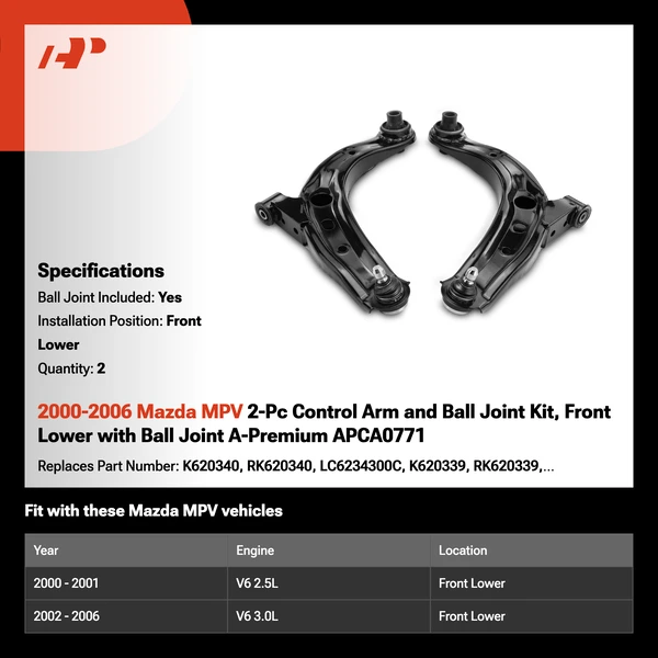 2000-2006 Mazda MPV 2-Pc Control Arm and Ball Joint Kit, Front Lower with Ball Joint A-Premium APCA0771