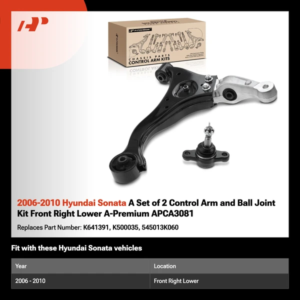 2006-2010 Hyundai Sonata A Set of 2 Control Arm and Ball Joint Kit Front Right Lower A-Premium APCA3081
