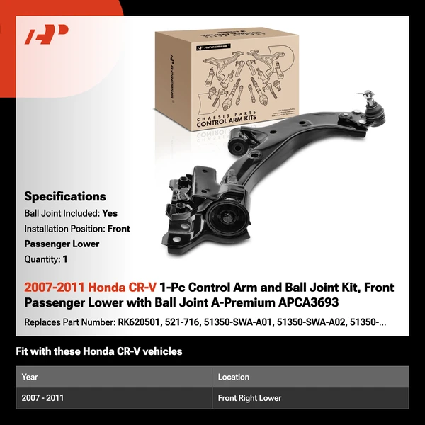 2007-2011 Honda CR-V 1-Pc Control Arm and Ball Joint Kit, Front Passenger Lower with Ball Joint A-Premium APCA3693