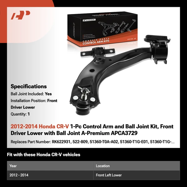 2012-2014 Honda CR-V 1-Pc Control Arm and Ball Joint Kit, Front Driver Lower with Ball Joint A-Premium APCA3729