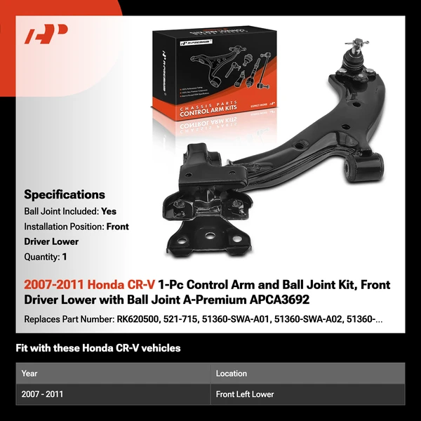2007-2011 Honda CR-V 1-Pc Control Arm and Ball Joint Kit, Front Driver Lower with Ball Joint A-Premium APCA3692