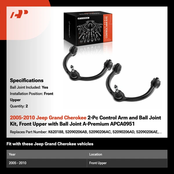 2005-2010 Jeep Grand Cherokee 2-Pc Control Arm and Ball Joint Kit, Front Upper with Ball Joint A-Premium APCA0951
