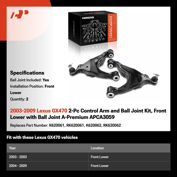 2003-2009 Lexus GX470 2-Pc Control Arm and Ball Joint Kit, Front Lower with Ball Joint A-Premium APCA3059