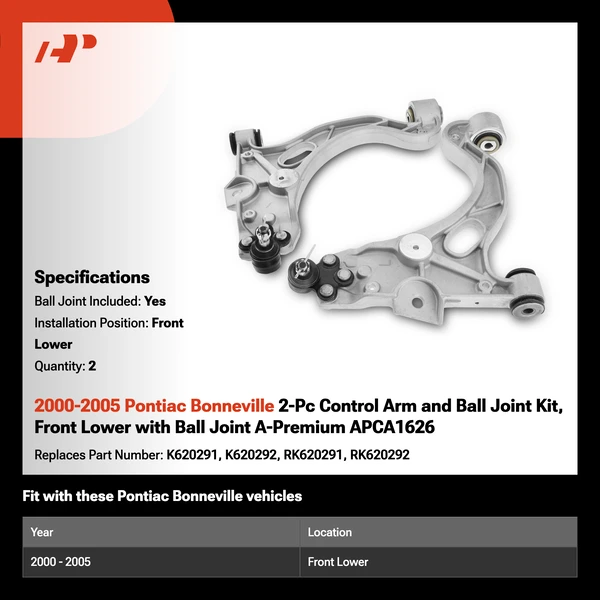 2000-2005 Pontiac Bonneville 2-Pc Control Arm and Ball Joint Kit, Front Lower with Ball Joint A-Premium APCA1626