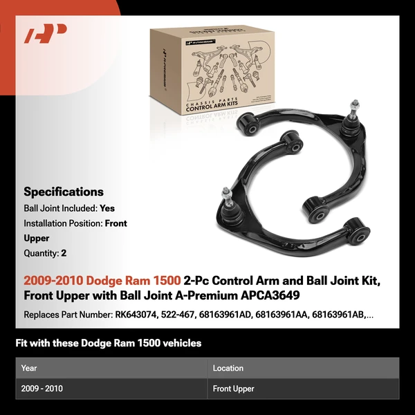 2009-2010 Dodge Ram 1500 2-Pc Control Arm and Ball Joint Kit, Front Upper with Ball Joint A-Premium APCA3649