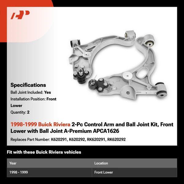 1998-1999 Buick Riviera 2-Pc Control Arm and Ball Joint Kit, Front Lower with Ball Joint A-Premium APCA1626