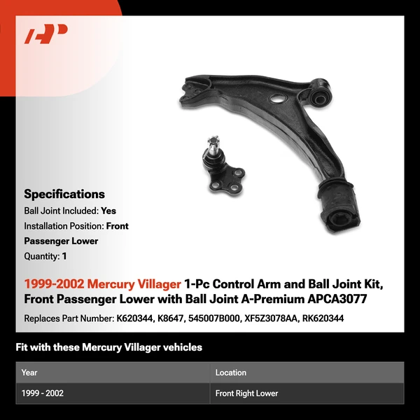 1999-2002 Mercury Villager 1-Pc Control Arm and Ball Joint Kit, Front Passenger Lower with Ball Joint A-Premium APCA3077