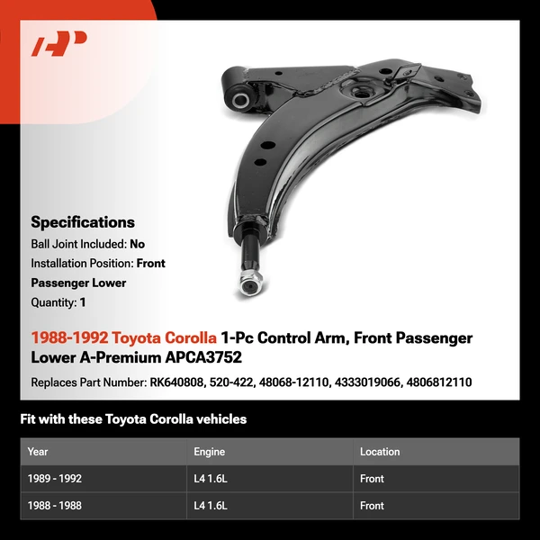 1988-1992 Toyota Corolla 1-Pc Control Arm, Front Passenger Lower A-Premium APCA3752
