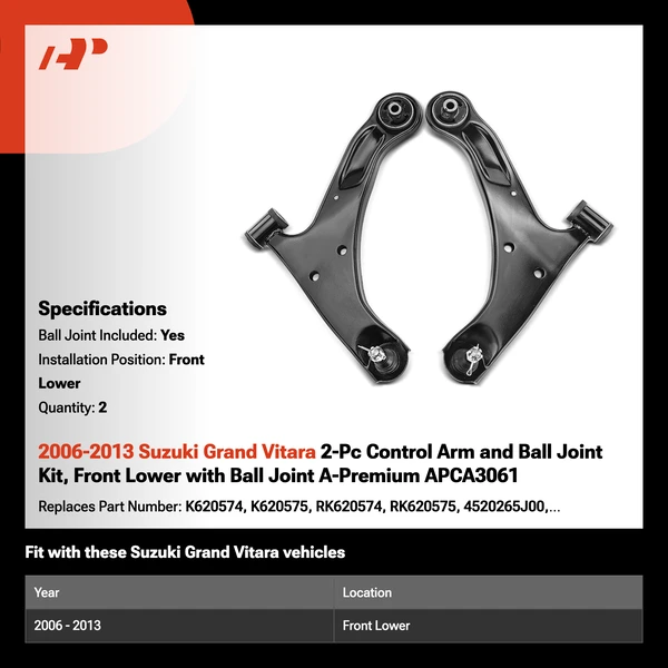 2006-2013 Suzuki Grand Vitara 2-Pc Control Arm and Ball Joint Kit, Front Lower with Ball Joint A-Premium APCA3061