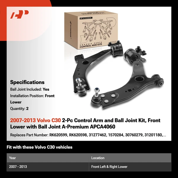 2007-2013 Volvo C30 2-Pc Control Arm and Ball Joint Kit, Front Lower with Ball Joint A-Premium APCA4060