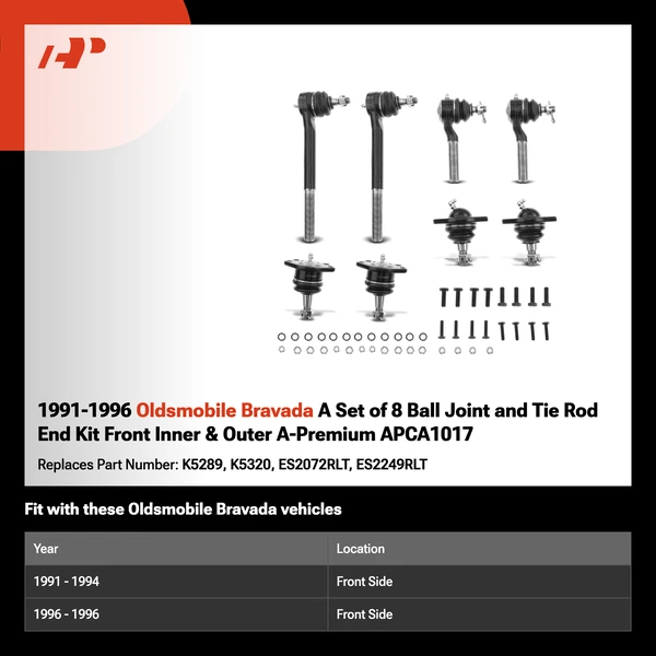 1991-1996 Oldsmobile Bravada A Set of 8 Ball Joint and Tie Rod End Kit Front Inner & Outer A-Premium APCA1017