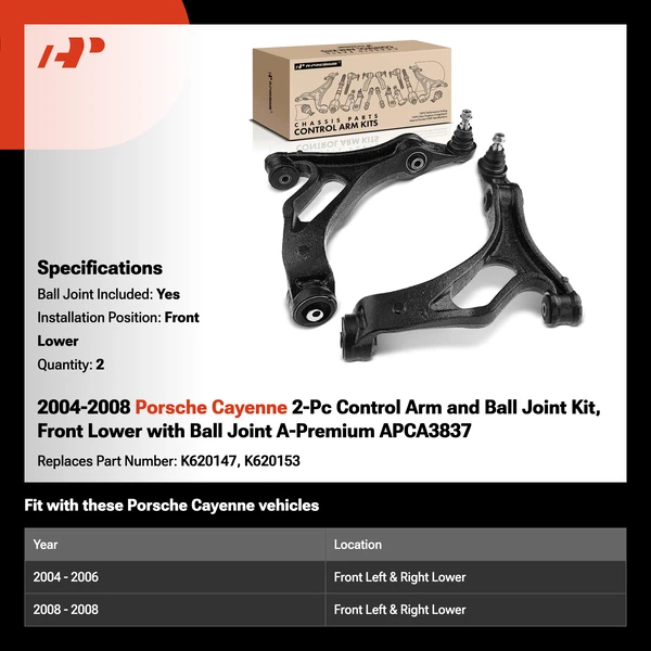 2004-2008 Porsche Cayenne 2-Pc Control Arm and Ball Joint Kit, Front Lower with Ball Joint A-Premium APCA3837
