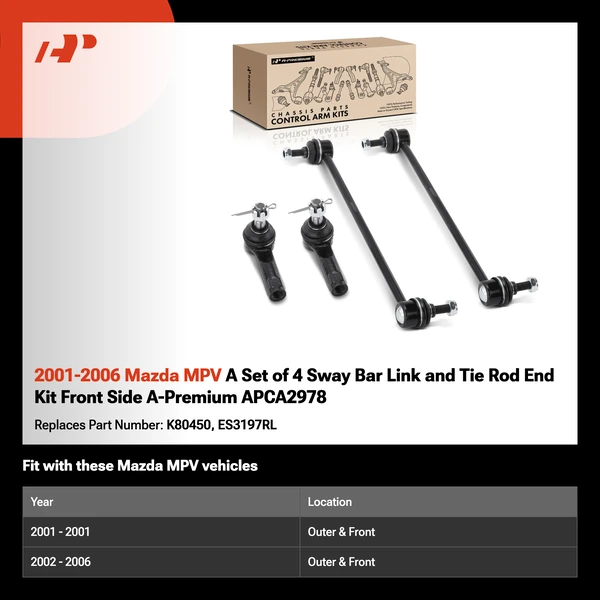 2001-2006 Mazda MPV A Set of 4 Sway Bar Link and Tie Rod End Kit Front Side A-Premium APCA2978