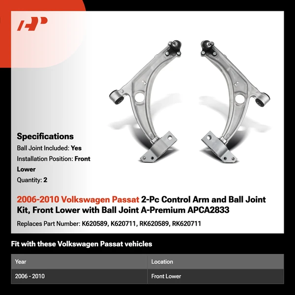 2006-2010 Volkswagen Passat 2-Pc Control Arm and Ball Joint Kit, Front Lower with Ball Joint A-Premium APCA2833