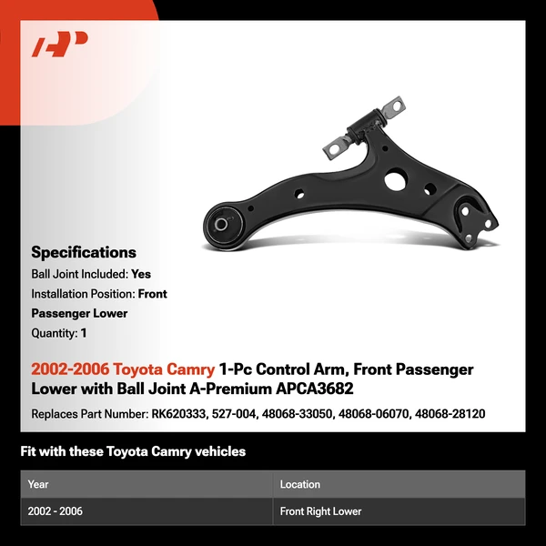 2002-2006 Toyota Camry 1-Pc Control Arm, Front Passenger Lower with Ball Joint A-Premium APCA3682