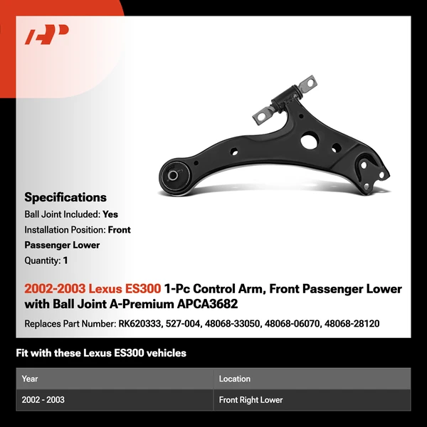 2002-2003 Lexus ES300 1-Pc Control Arm, Front Passenger Lower with Ball Joint A-Premium APCA3682