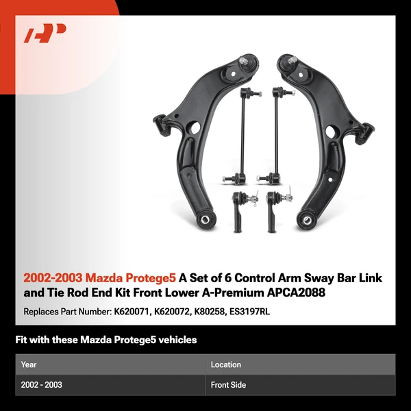 2002-2003 Mazda Protege5 A Set of 6 Control Arm Sway Bar Link and Tie Rod End Kit Front Lower A-Premium APCA2088