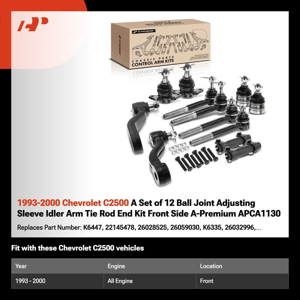 1993-2000 Chevrolet C2500 A Set of 12 Ball Joint Adjusting Sleeve Idler Arm Tie Rod End Kit Front Side A-Premium APCA1130