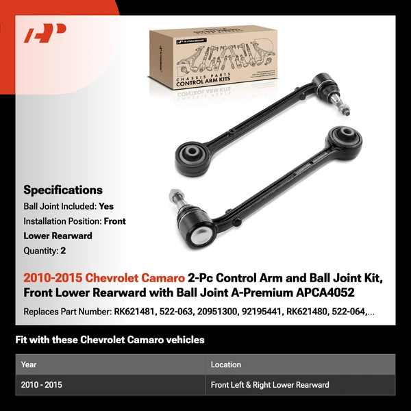 2010-2015 Chevrolet Camaro 2-Pc Control Arm and Ball Joint Kit, Front Lower Rearward with Ball Joint A-Premium APCA4052