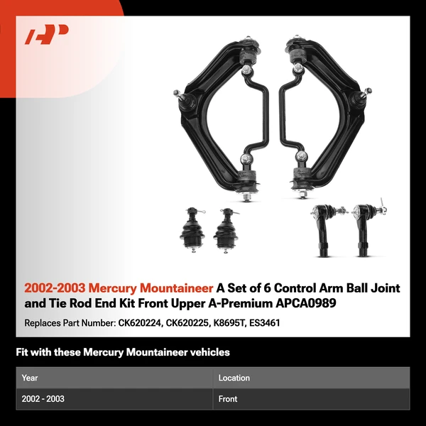 2002-2003 Mercury Mountaineer A Set of 6 Control Arm Ball Joint and Tie Rod End Kit Front Upper A-Premium APCA0989