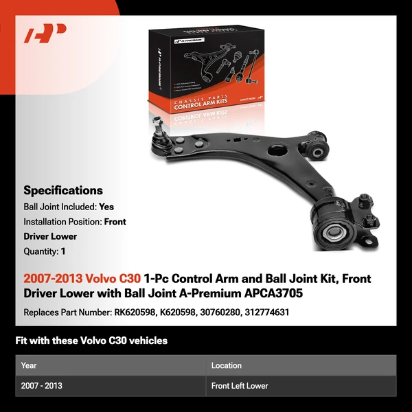 2007-2013 Volvo C30 1-Pc Control Arm and Ball Joint Kit, Front Driver Lower with Ball Joint A-Premium APCA3705