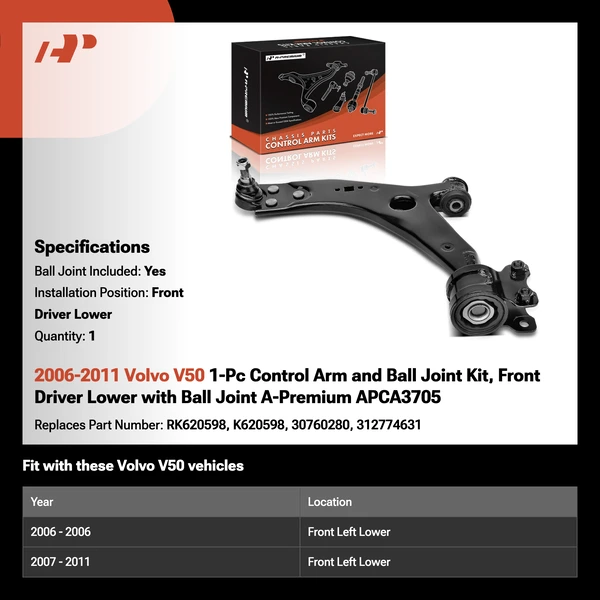 2006-2011 Volvo V50 1-Pc Control Arm and Ball Joint Kit, Front Driver Lower with Ball Joint A-Premium APCA3705