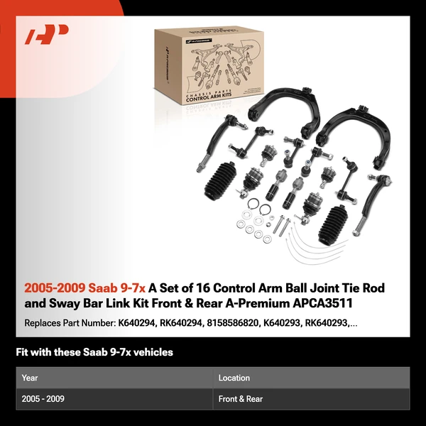 2005-2009 Saab 9-7x A Set of 16 Control Arm Ball Joint Tie Rod and Sway Bar Link Kit Front & Rear A-Premium APCA3511