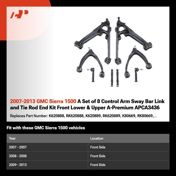 2007-2013 GMC Sierra 1500 A Set of 8 Control Arm Sway Bar Link and Tie Rod End Kit Front Lower & Upper A-Premium APCA3436