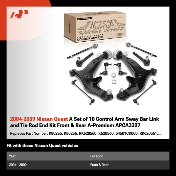 2004-2009 Nissan Quest A Set of 10 Control Arm Sway Bar Link and Tie Rod End Kit Front & Rear A-Premium APCA3327