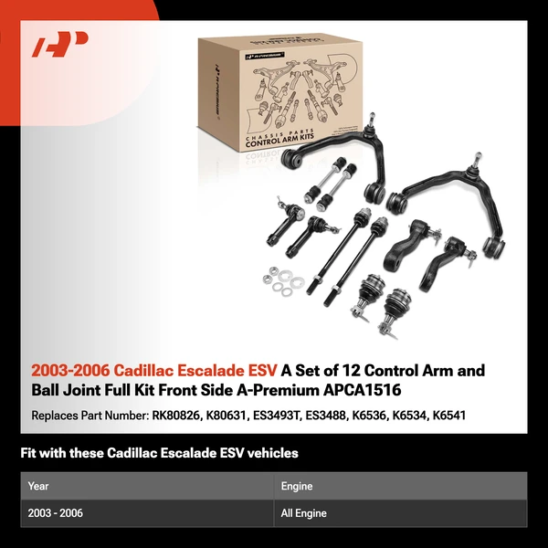 2003-2006 Cadillac Escalade ESV A Set of 12 Control Arm and Ball Joint Full Kit Front Side A-Premium APCA1516