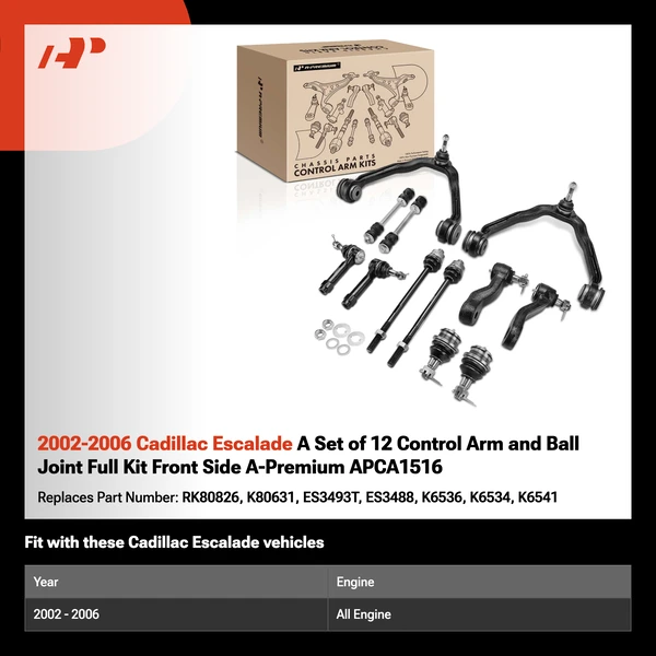 2002-2006 Cadillac Escalade A Set of 12 Control Arm and Ball Joint Full Kit Front Side A-Premium APCA1516