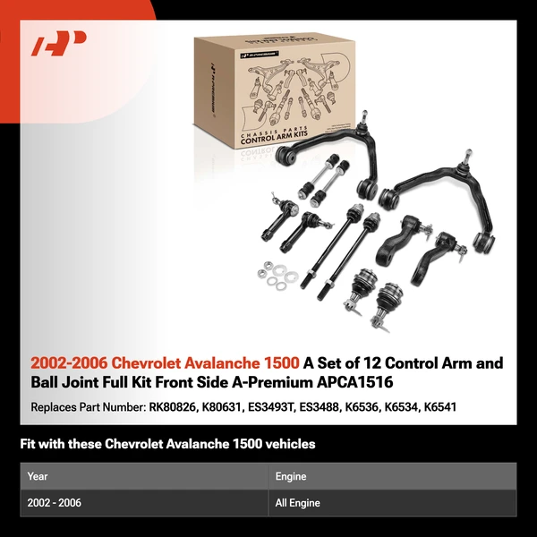 2002-2006 Chevrolet Avalanche 1500 A Set of 12 Control Arm and Ball Joint Full Kit Front Side A-Premium APCA1516