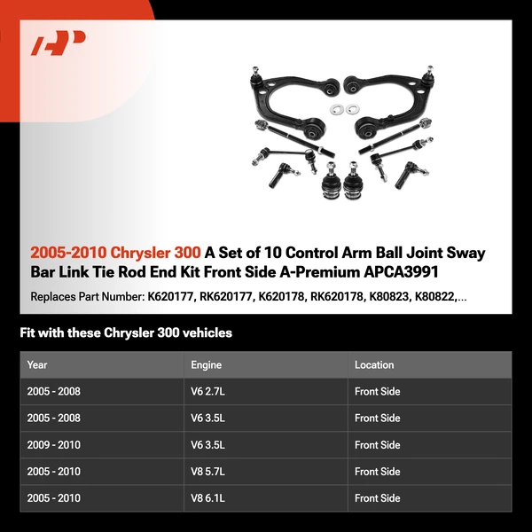 2005-2010 Chrysler 300 A Set of 10 Control Arm Ball Joint Sway Bar Link Tie Rod End Kit Front Side A-Premium APCA3991