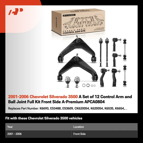 2001-2006 Chevrolet Silverado 3500 A Set of 12 Control Arm and Ball Joint Full Kit Front Side A-Premium APCA0804