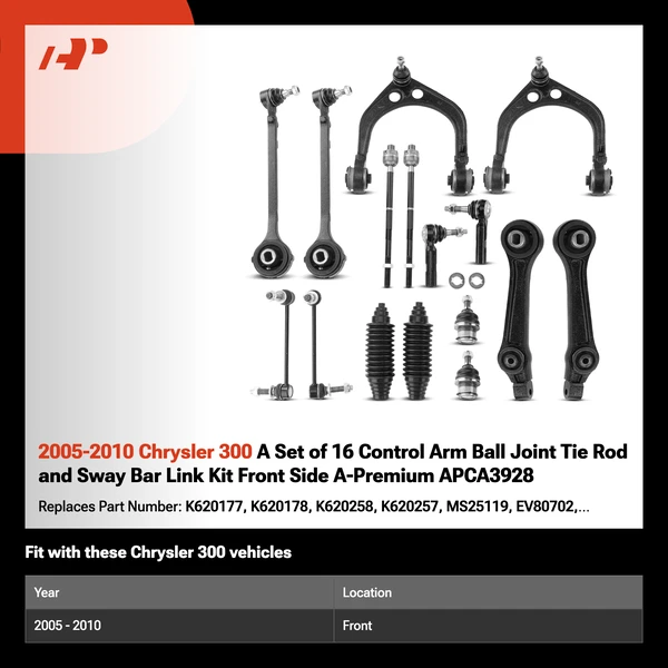 2005-2010 Chrysler 300 A Set of 16 Control Arm Ball Joint Tie Rod and Sway Bar Link Kit Front Side A-Premium APCA3928