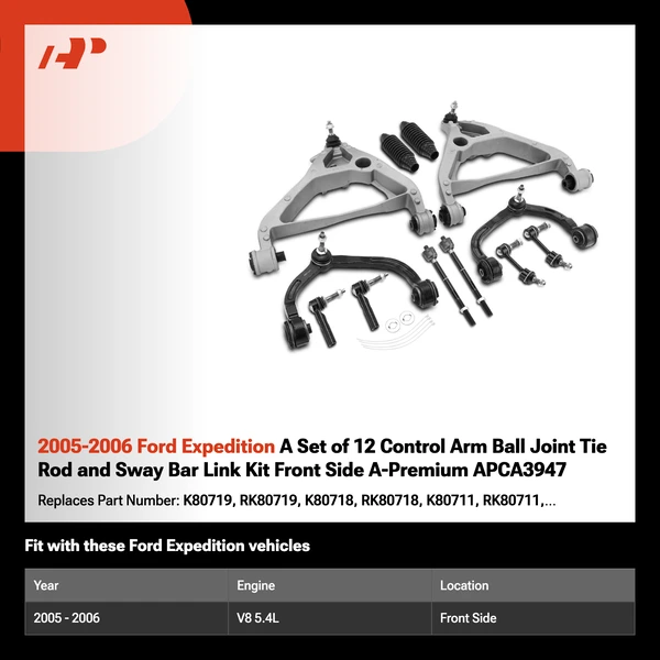 2005-2006 Ford Expedition A Set of 12 Control Arm Ball Joint Tie Rod and Sway Bar Link Kit Front Side A-Premium APCA3947