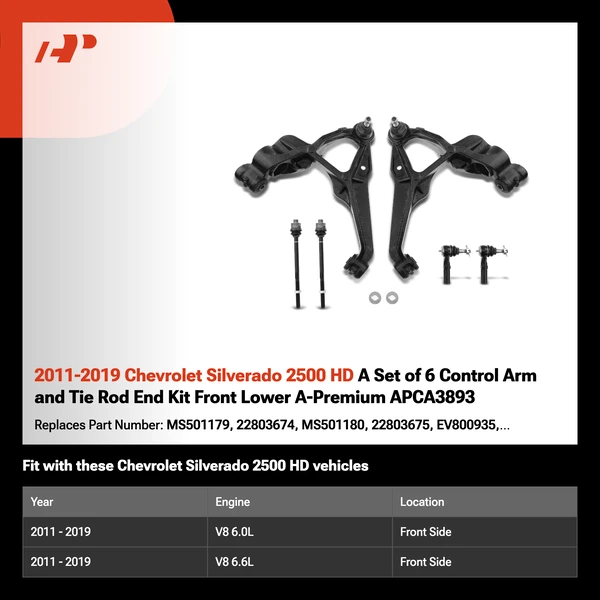 2011-2019 Chevrolet Silverado 2500 HD A Set of 6 Control Arm and Tie Rod End Kit Front Lower A-Premium APCA3893